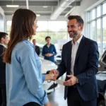 Happy customer receiving excellent customer service at a car dealership