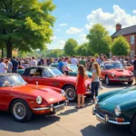 Car enthusiasts gathering at a car meet in Hampshire