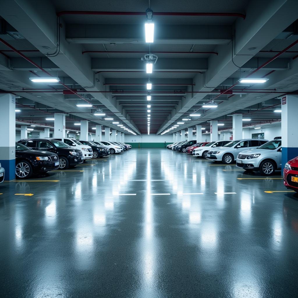 An overview of a modern car park monitoring system, showing cameras, sensors, and digital signage.