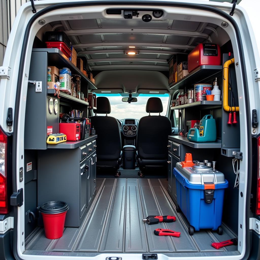 Organized tools and equipment inside a mobile car repair van, ready for home service calls