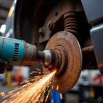 Close-up view of a car rust repair process