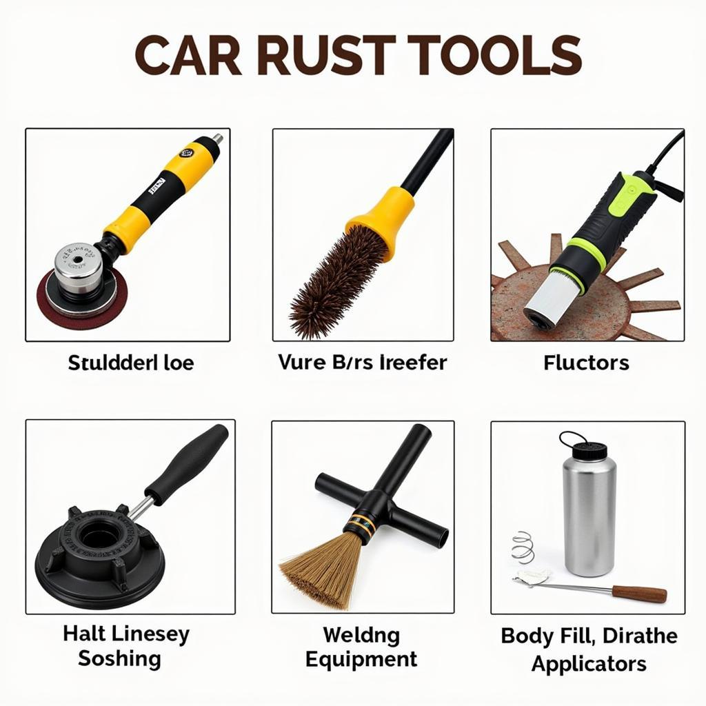 Various tools used in car rust repair service