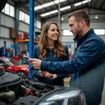 Customer talking to a mechanic in a Lisburn garage