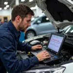 A mechanic using diagnostic equipment to analyze a car's engine in Billings, MT.