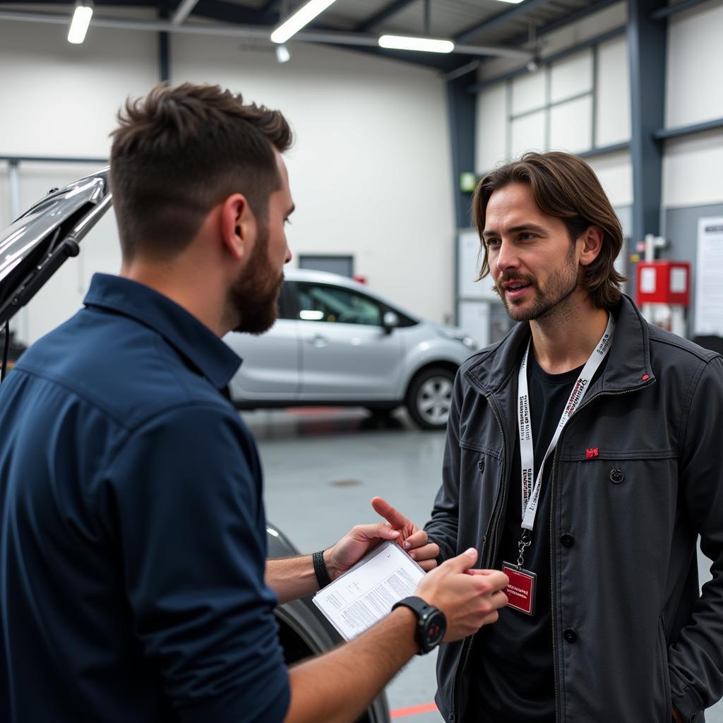 Customer discussing car service with advisor