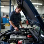 Mechanic inspecting a car in a Briarcliff Manor auto shop