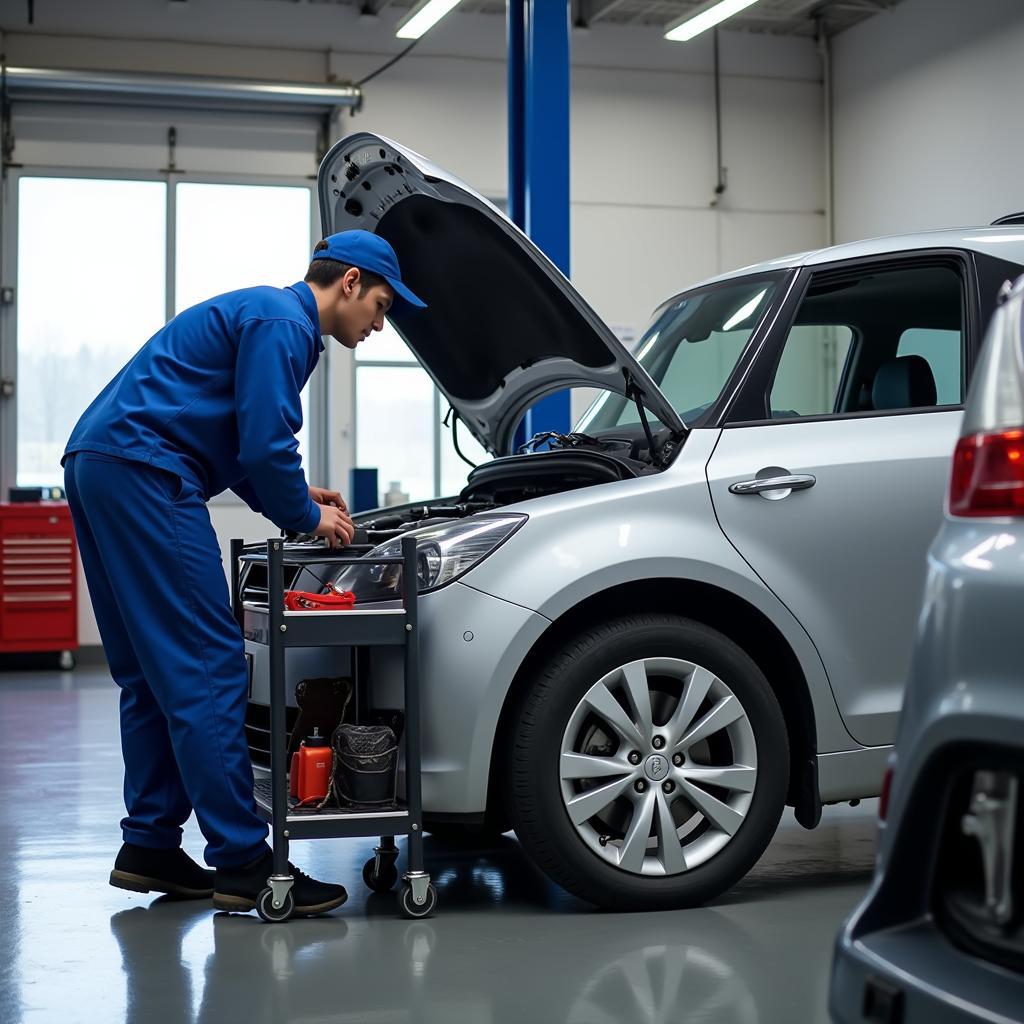 Mechanic working on a car in a Frankston service center