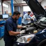 Technician working on a car engine in a Mangammanapalya car service center