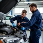 Certified Technicians Working on a Car in a Modern Service Center