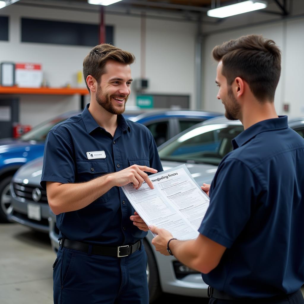 Mechanic Discussing Affordable Car Service Options with Customer