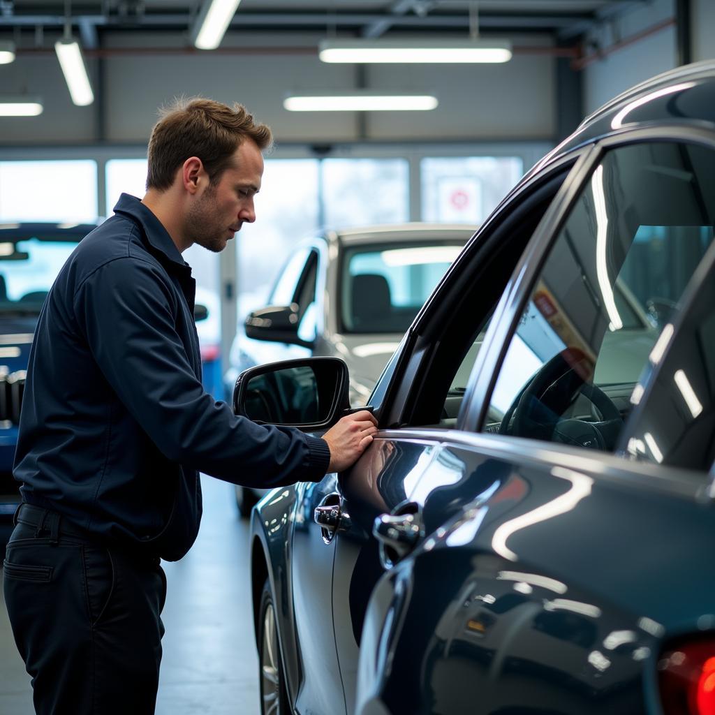 Car service garage in Ireland with a mechanic working on a vehicle