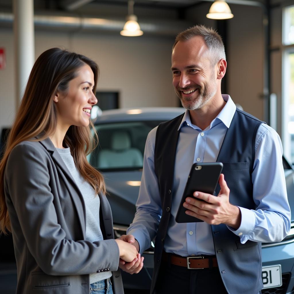 Customer service representative discussing car service options with a client in Hertford.