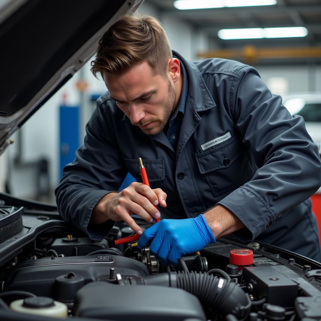 Car Service Technician in Hilton, Derby Working on a Vehicle