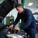 Mechanic working on a car in a Jamaica Queens auto repair shop