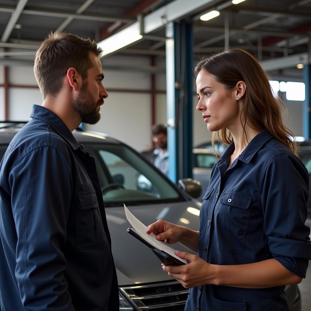 Mechanic Explaining Car Repairs to a Customer in Lanark