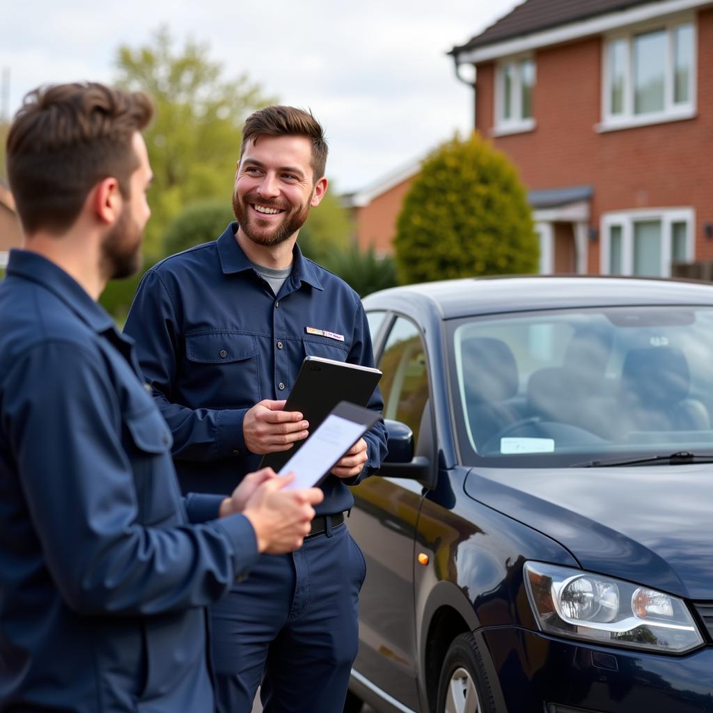 Technician collecting a car for service and MOT at a customer's home.