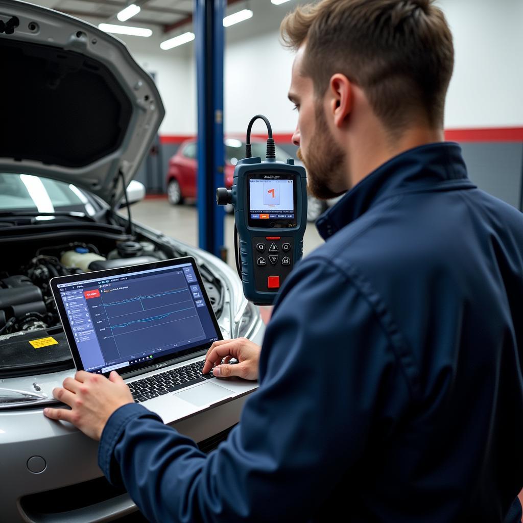 Mechanic using diagnostic tools in Newent car service