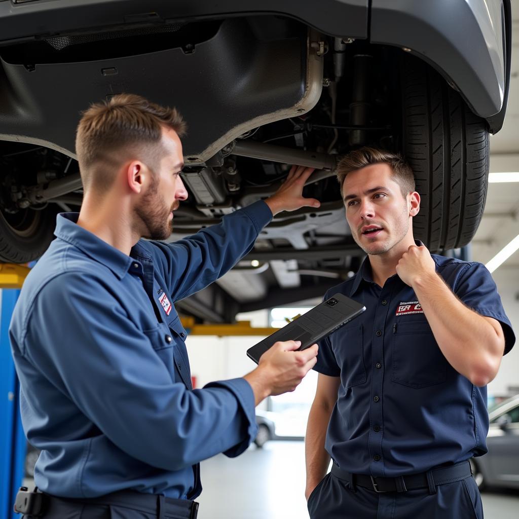 A technician explaining car repairs to a customer in Pretoria