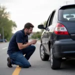 A flat tire on a car parked on the side of the road in Topeka