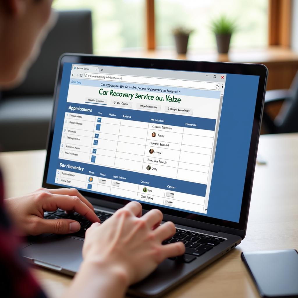 Comparing Car Recovery Service Quotes on a Laptop