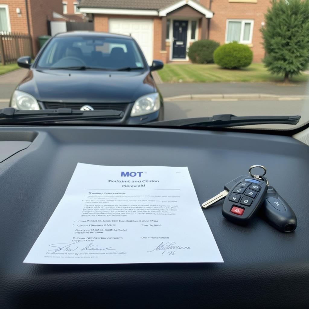 A completed MOT certificate placed on a car dashboard alongside the car keys, signifying a successful inspection after a home collection service.