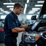 Mechanic working on a car in a Concord car service center