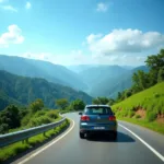 A car driving on a scenic highway in India, with mountains and lush greenery in the background.