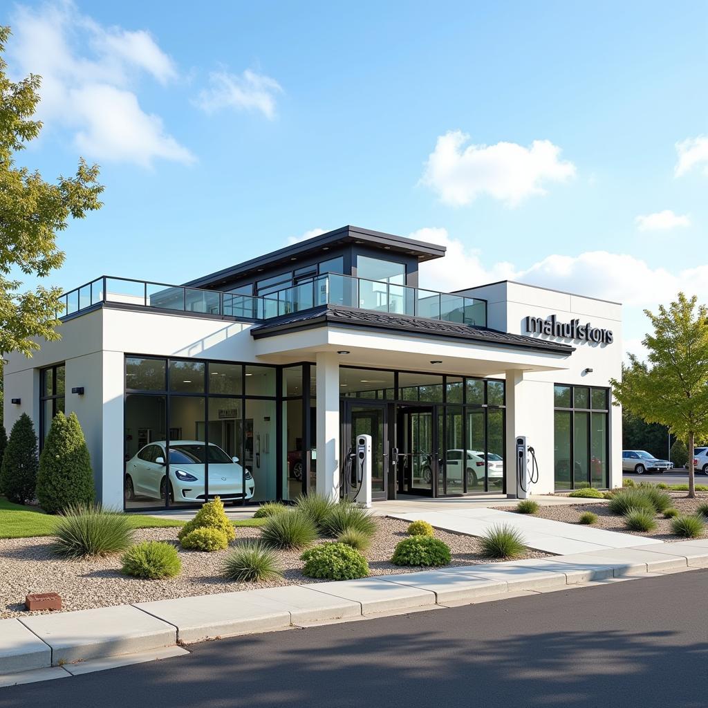 Eco-Friendly Car Dealership Exterior with Green Landscaping