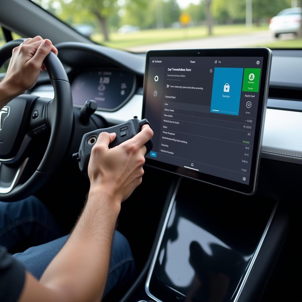 Technician Performing a Diagnostic Check on an Electric Vehicle