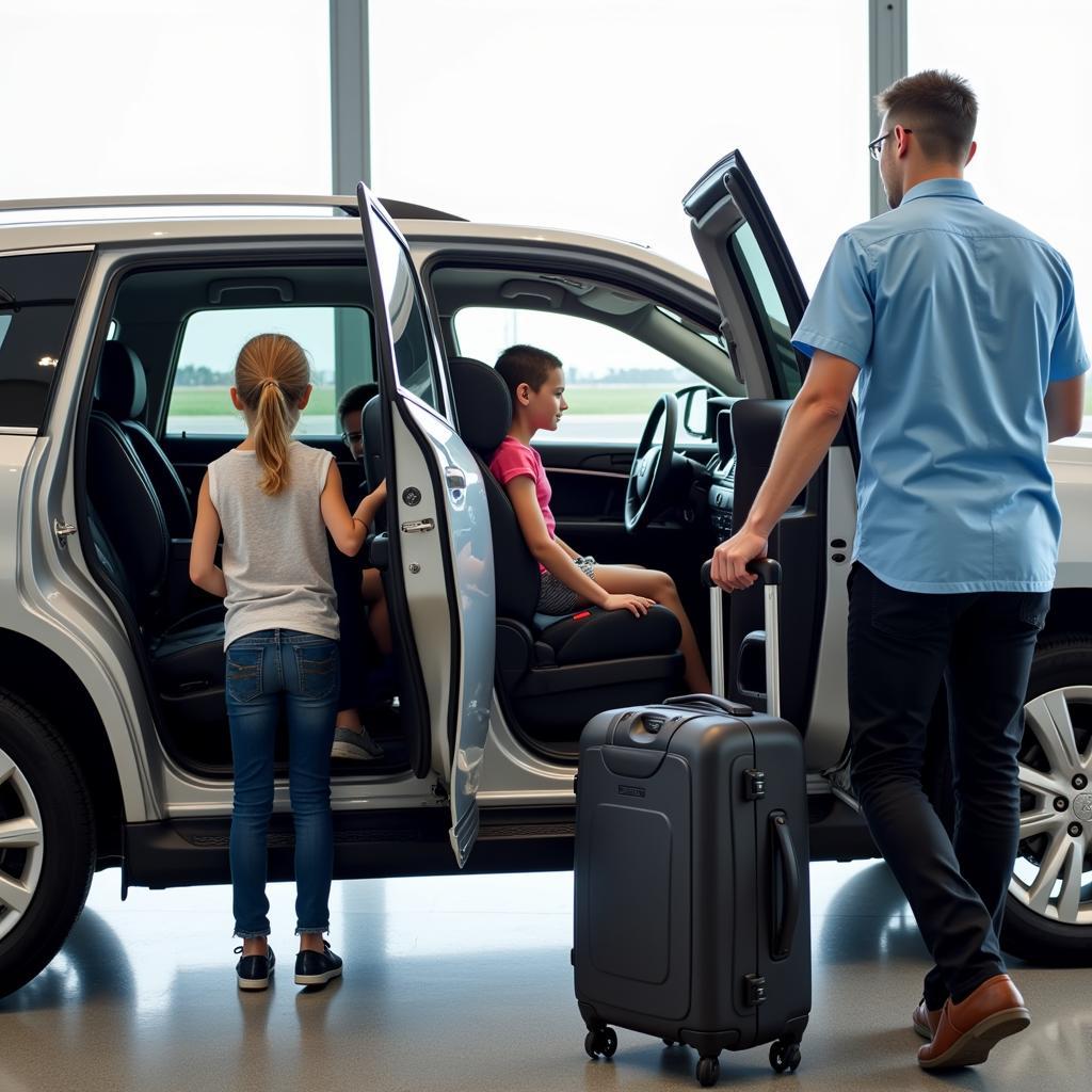 Family Using Airport Car Service with Car Seat