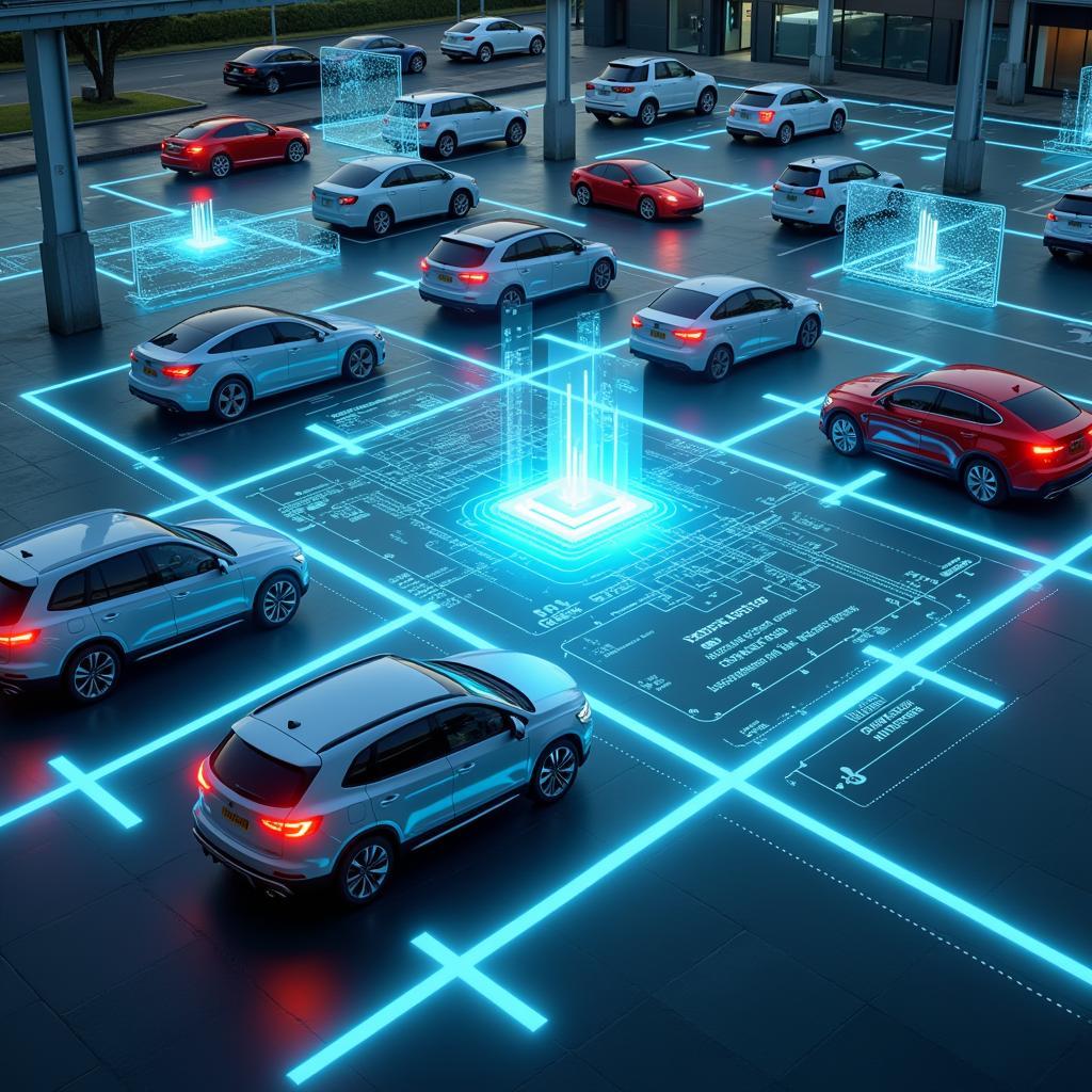 A futuristic depiction of a smart car park utilizing AI and IoT technologies for optimized management and user experience.