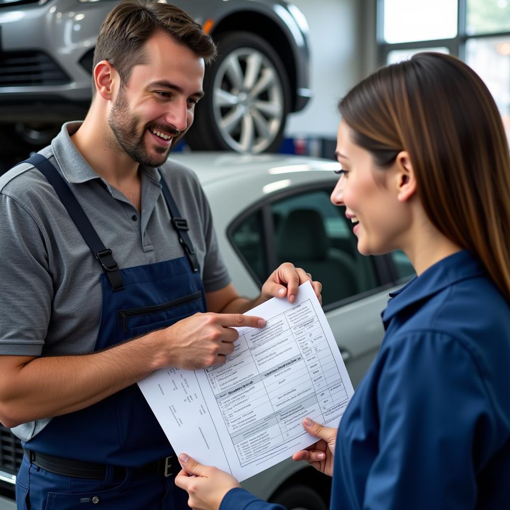 Mechanic explaining car inspection results to a customer using an inspection sheet