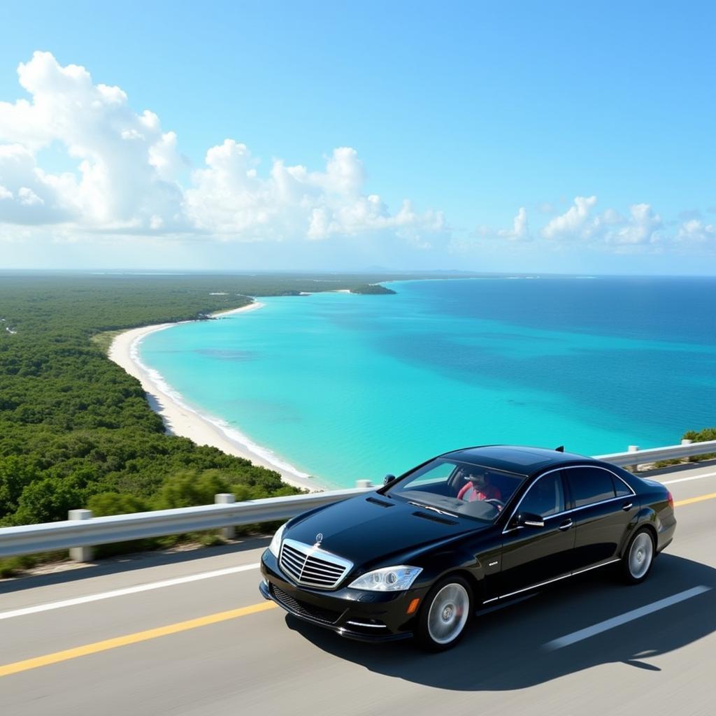 A luxury car service driving along the scenic Overseas Highway to Key Largo.