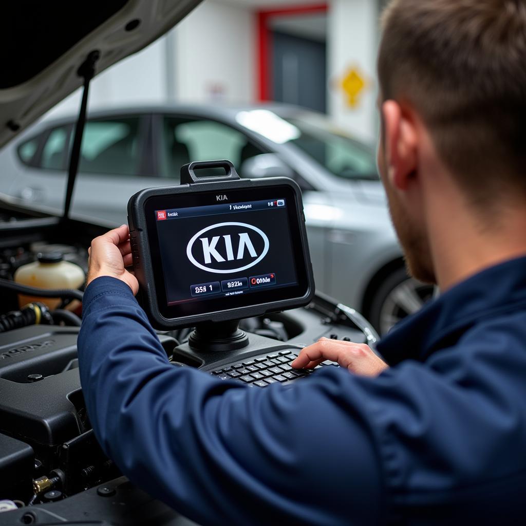 Kia Technician Using Diagnostic Computer