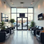 The comfortable and modern customer waiting area of a La Quinta car service center.