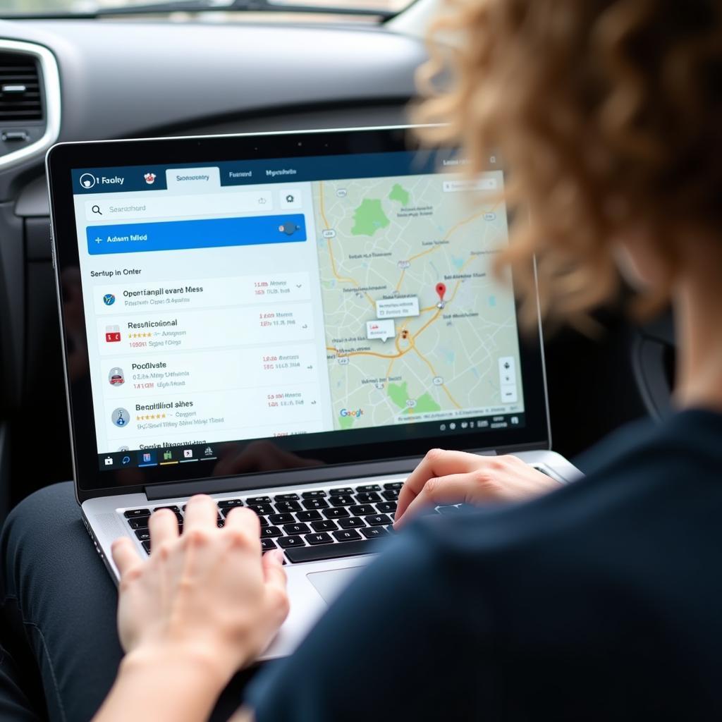 Locating Open Car Service Centers During Lockdown 2: A person searches for "car service near me" on a laptop, with a map of nearby service centers displayed on the screen.