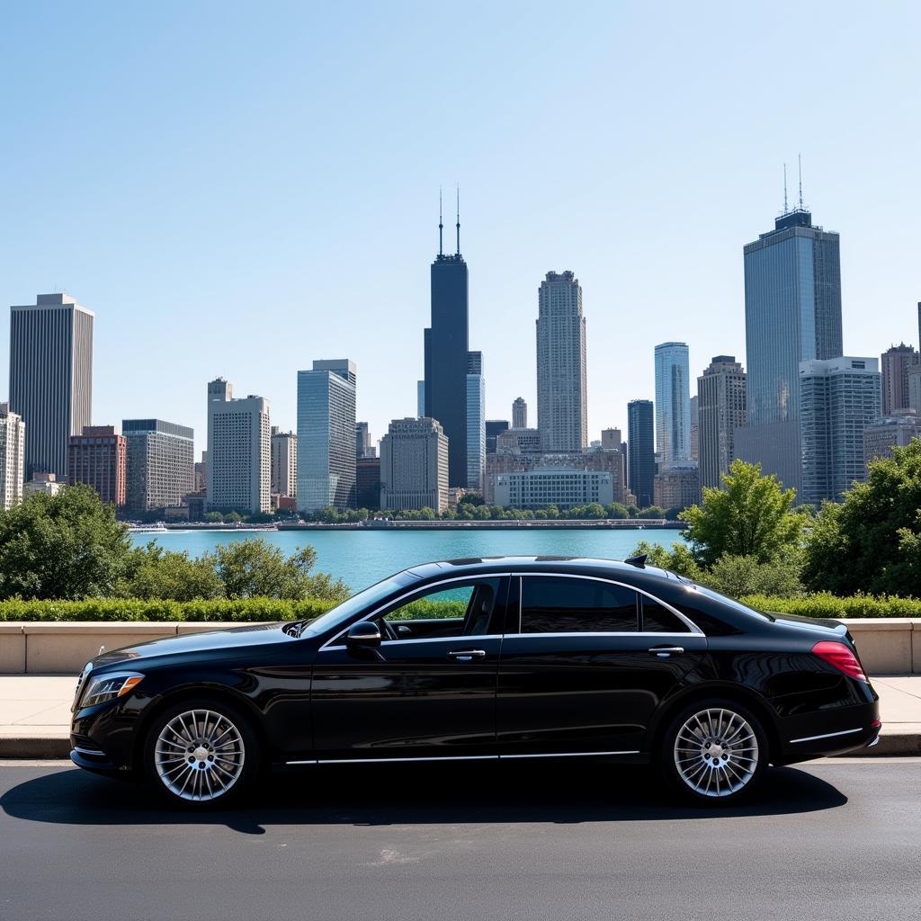 Luxury Black Car with Chicago Skyline