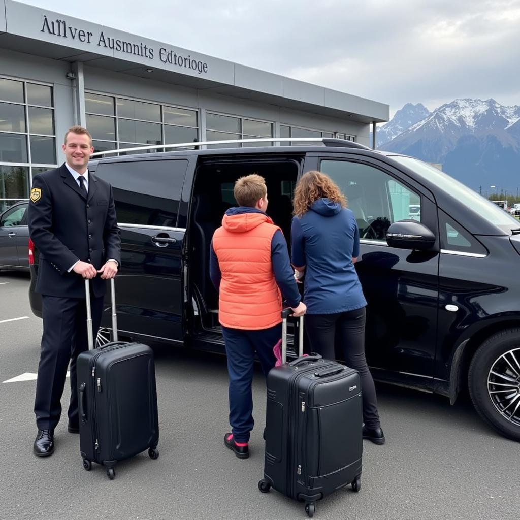 Luxury Car Service at Geneva Airport: A chauffeur greets a family arriving at Geneva Airport, assisting them with their luggage.