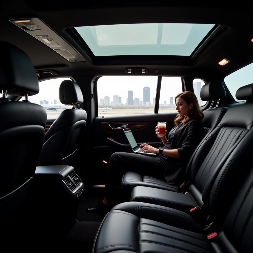 Luxury Car Service NYC to Newark:  A passenger relaxes in the back of a luxury car service, enjoying the amenities while en route to Newark Airport.