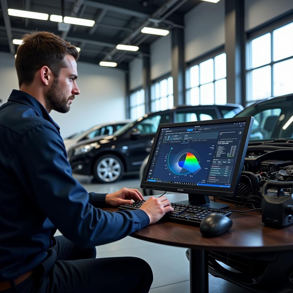 Mechanic using diagnostic equipment in a Park Street car service center.