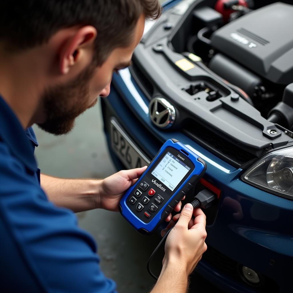 Mechanic Inspecting Car Engine with Diagnostic Tool