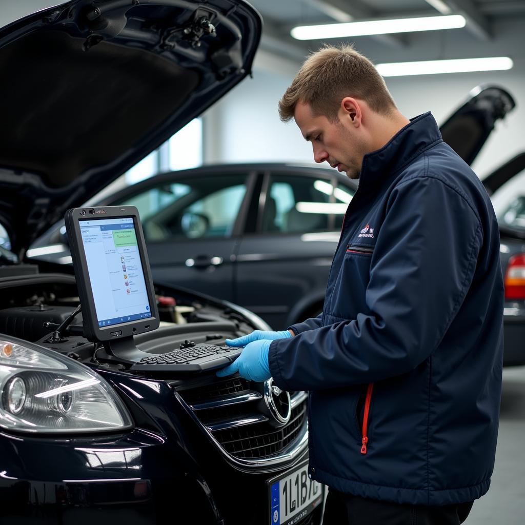 Mechanic Diagnosing a Car in a Moscow Garage