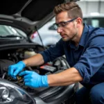 Mechanic Inspecting Car AC System