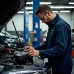 Mechanic Inspecting Car Engine at a Service Centre