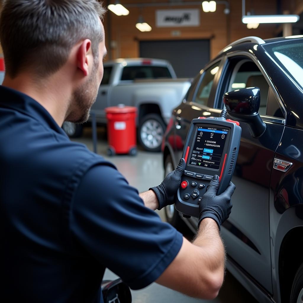 Mechanic using a diagnostic tool to analyze a car's systems in a home garage