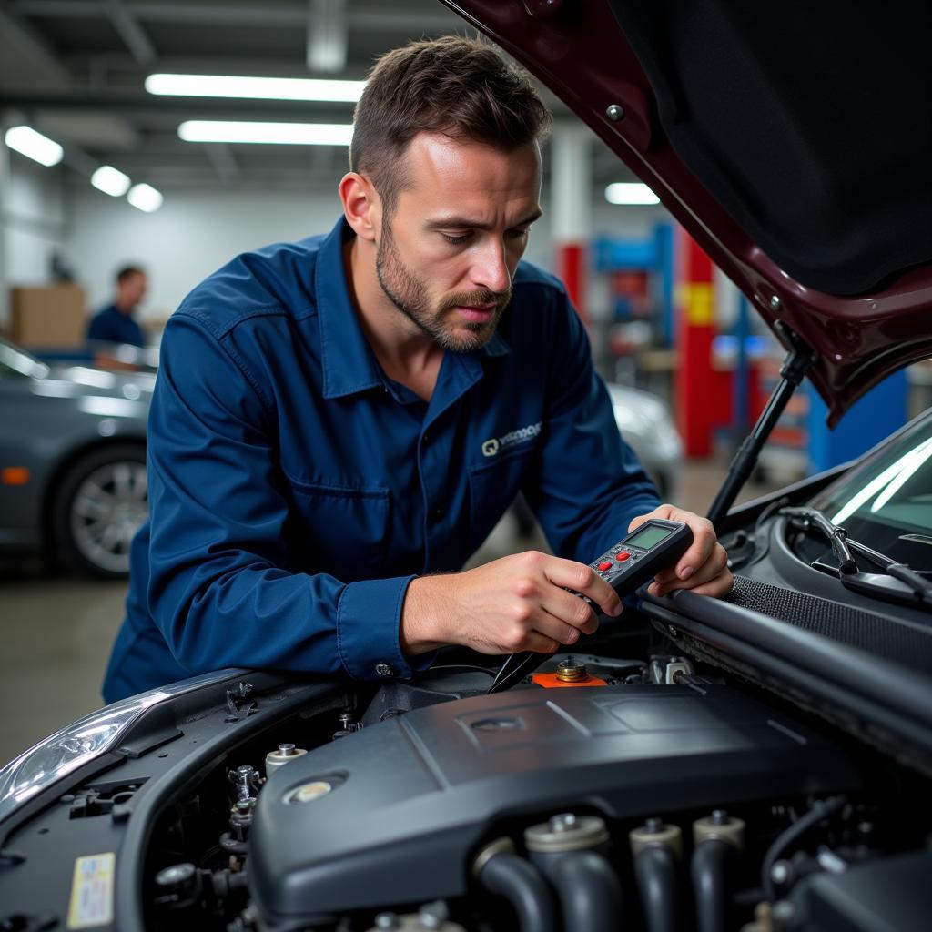 A qualified mechanic inspecting a car engine.