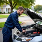 Mechanic Performing a Car Service Home Visit at a Client's Residence