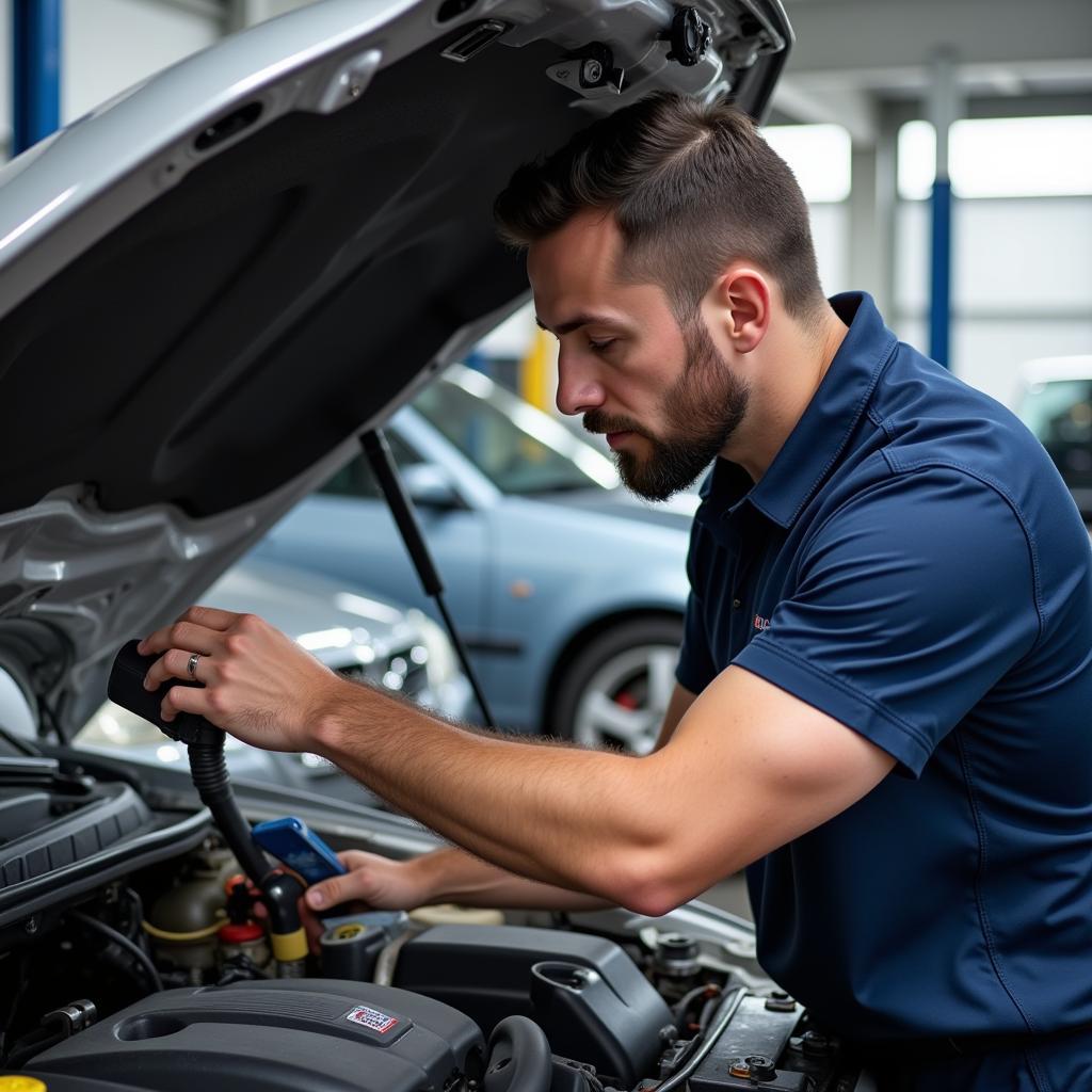 Mechanic inspecting a car's engine as part of a pre-purchase inspection