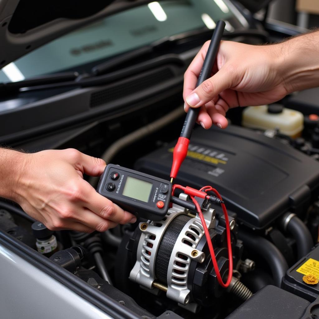 Mechanic Testing Alternator with Multimeter