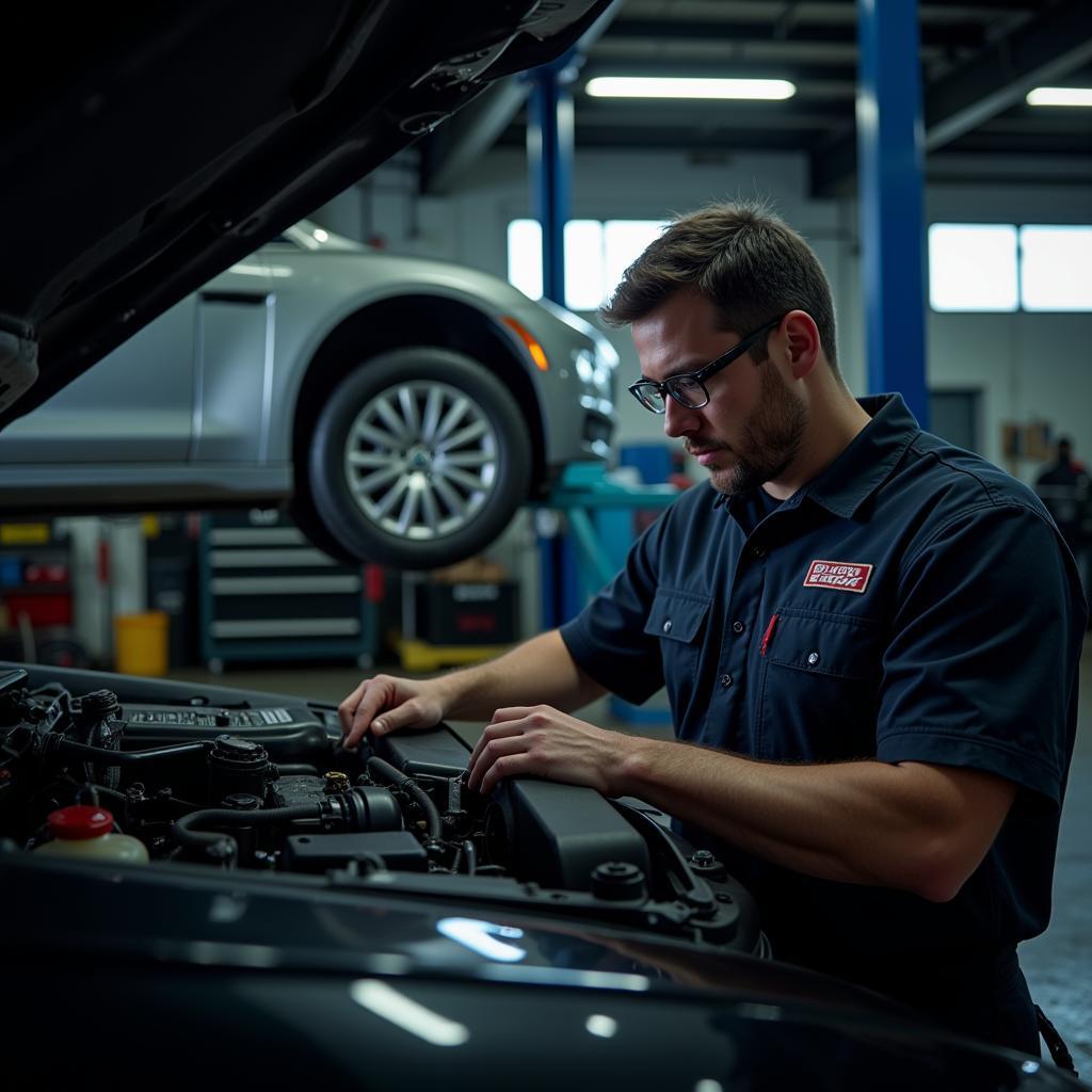 Mechanic working on a car engine in a brightly lit garage at night